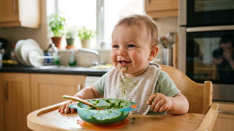 Un bebé sonriente comiendo puré de verduras en su trona en una cocina luminosa