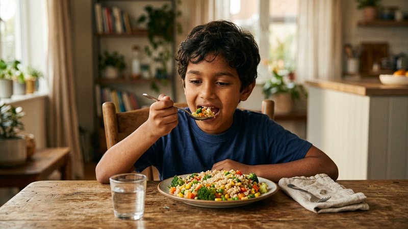 Un niño en edad escolar sentado a la mesa comiendo un plato de arroz con verduras