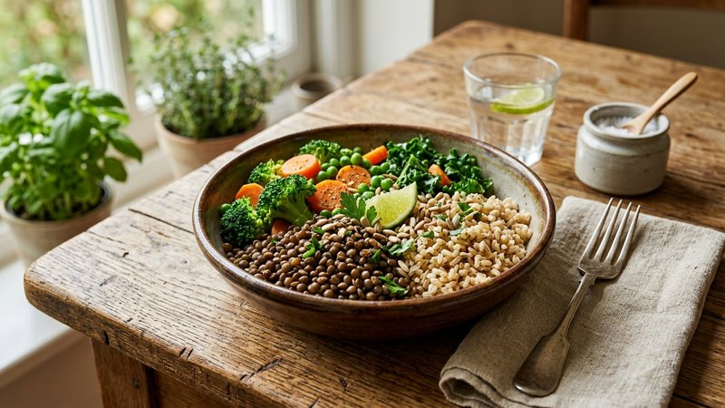 Un cuenco con lentejas, arroz integral y verduras al vapor sobre una mesa de madera