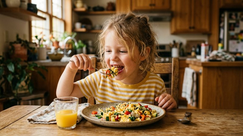Un niño comiendo huevo revuelto con vegetales en un plato sobre la mesa de la cocina