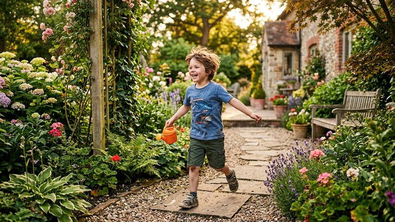 Un niño jugando activamente en el jardín de casa, con energía y buen ánimo