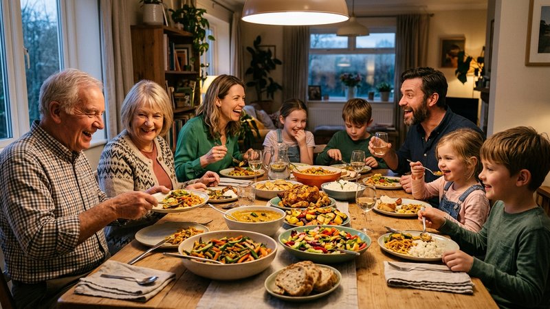 Una familia entera comiendo juntos en la mesa, platos variados y coloridos, ambiente cálido de hogar