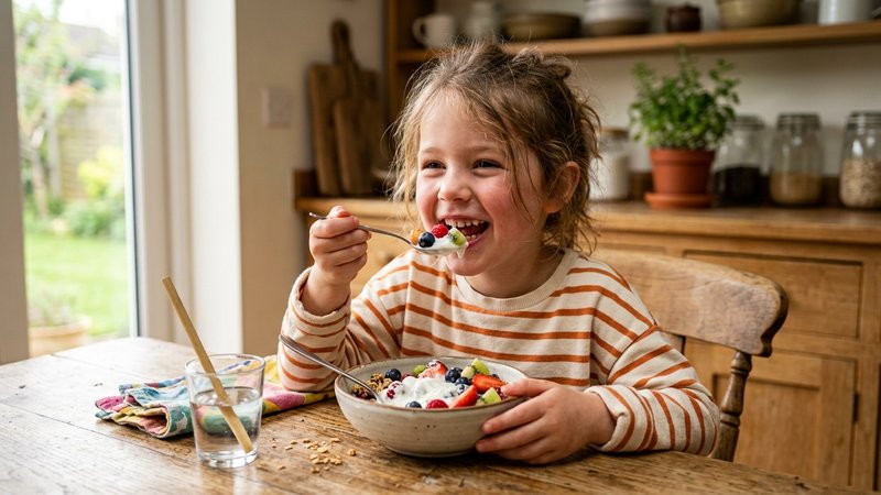 Un niño feliz comiendo una merienda con fruta fresca y yogur natural en la mesa de la cocina