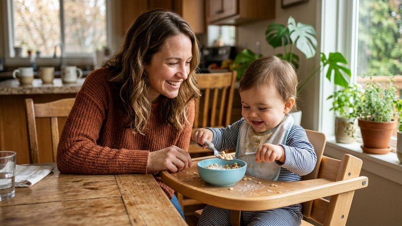 Un bebé sentado en su trona con un bol de cereal diluido y una cuchara pequeña, madre sonriendo a su lado