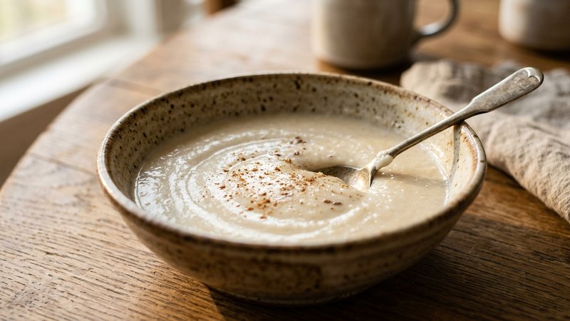 Un primer plano de un plato con papilla de cereal casi líquida y textura suave, sobre una mesa de cocina