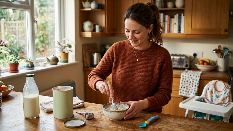 Una madre preparando papilla de cereal mezclando el polvo con leche en un bol dentro de una cocina hogareña