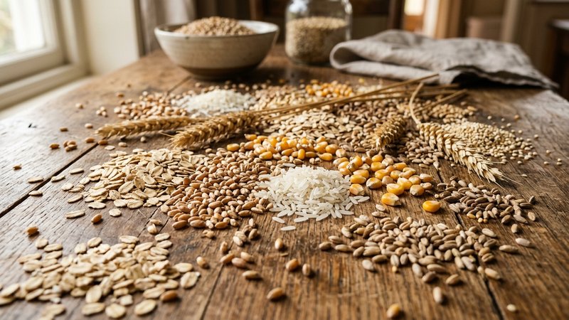 Granos de cereal variados, arroz, avena, trigo y maíz, esparcidos sobre una mesa de madera rústica con luz suave