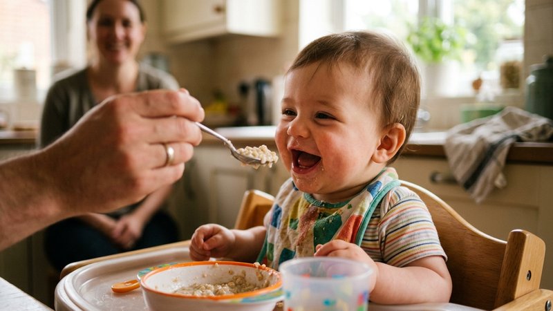 Una cuchara pequeña con papilla de cereal acercándose a la boca de un bebé sonriente