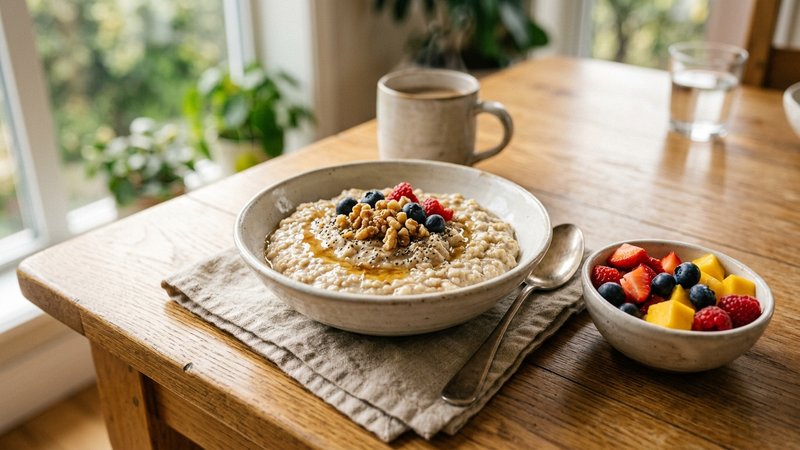 Un bol con papilla de cereal más espesa junto a trocitos pequeños de fruta, sobre una mesa soleada