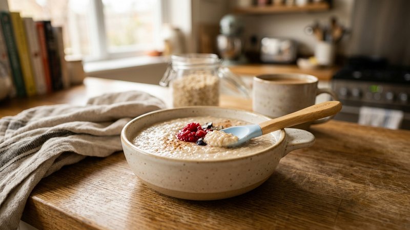 Un plato con cereal de avena preparado para un bebé mayor, con textura más consistente, en una cocina cálida
