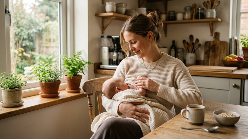 Una madre y su bebé compartiendo un momento tranquilo de comida en la cocina por la mañana