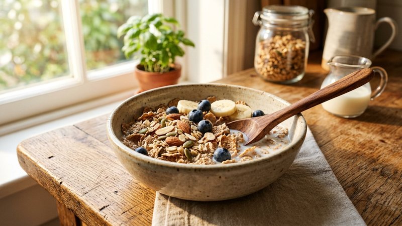 Un bol de cereal fortificado con una cuchara de madera sobre una encimera soleada de cocina