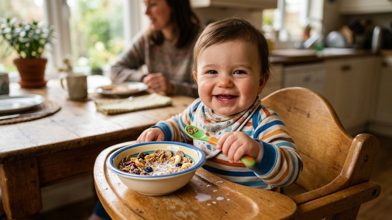 Un bebé sano y sonriente sentado a la mesa familiar con un plato de cereal delante