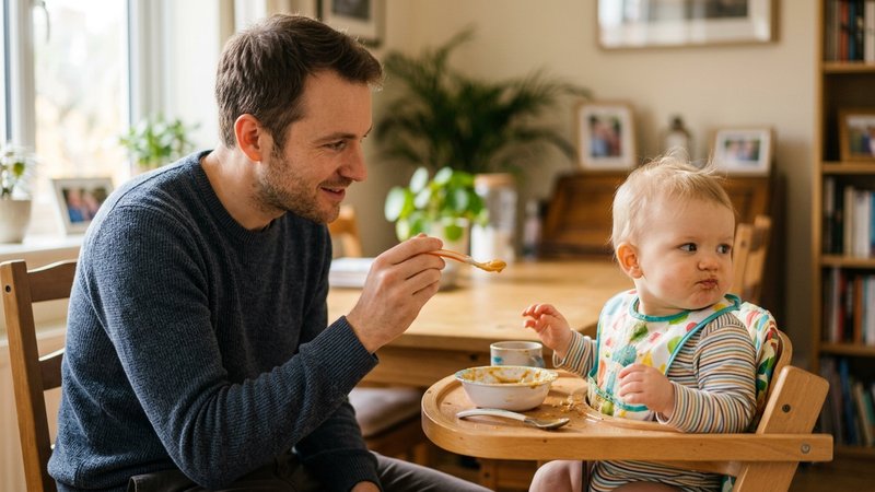 Un padre dando de comer con paciencia a un bebé que aparta ligeramente la cara, gesto tranquilo