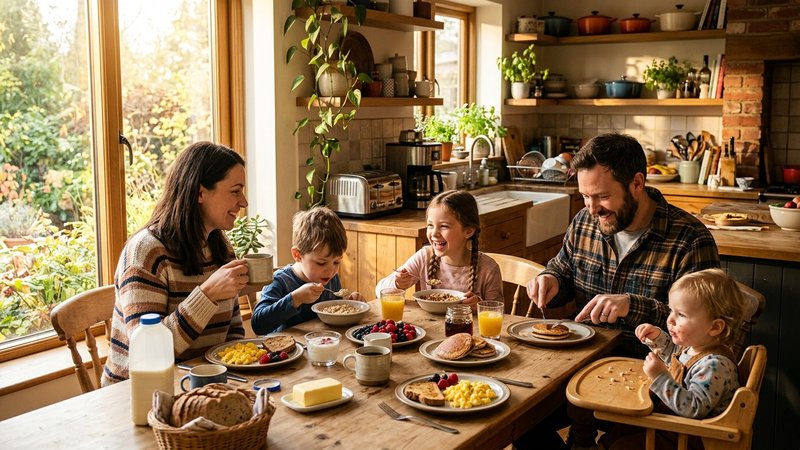 Una familia desayunando junta en la cocina, con luz cálida de mañana entrando por la ventana