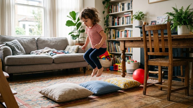 Un circuito casero montado en el salón: tres cojines alineados en el suelo, una pelota, una silla y una mesa bajo la que