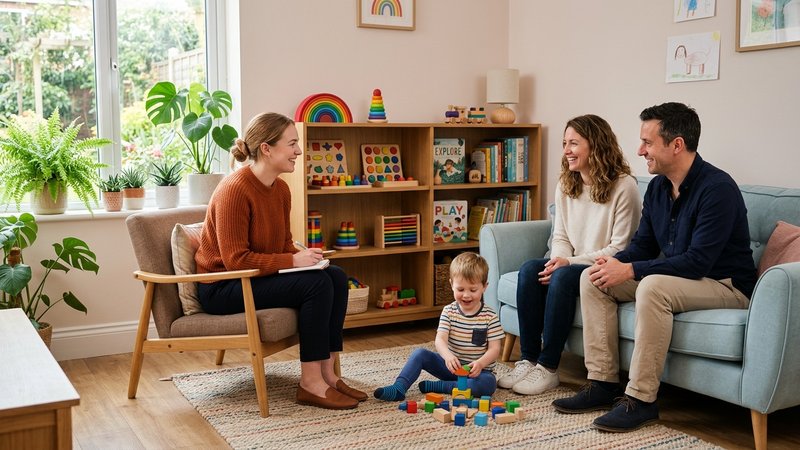 Una consulta infantil luminosa y acogedora, con una psicóloga joven sentada en una silla baja frente a una pareja de pad