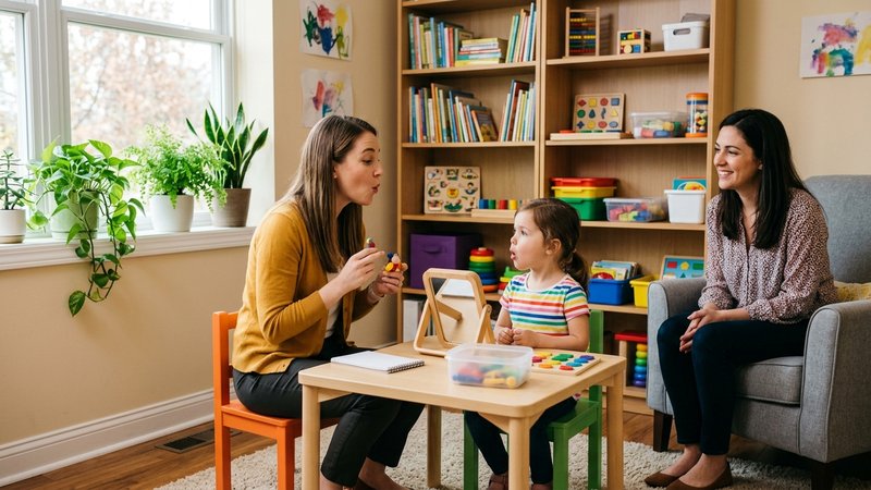 Una consulta de logopedia luminosa, con una logopeda joven sentada frente a un niño pequeño y un espejo de mano sobre la