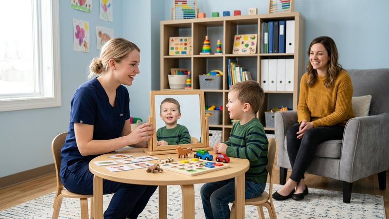 Una consulta de logopedia luminosa y acogedora, con una logopeda joven sentada frente a un niño pequeño en una mesa baja