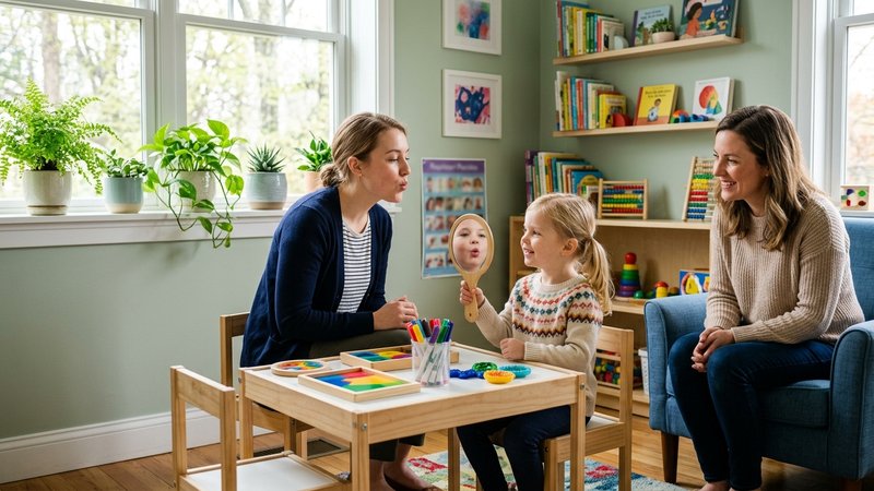 Una consulta de logopedia luminosa y acogedora, con una logopeda joven sentada frente a un niño pequeño y un espejo de m