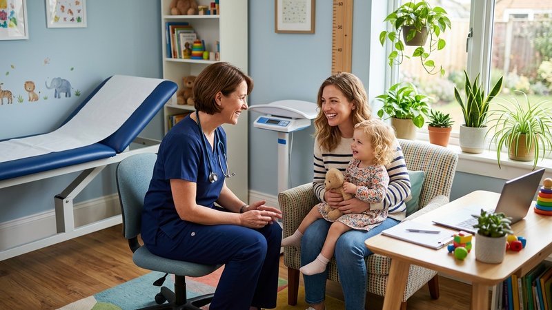 Una consulta pediátrica luminosa y amable, con una pediatra sonriente sentada frente a una madre que sostiene a su hijo