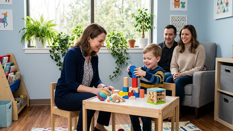 Una consulta pediátrica luminosa y amable, con una neuropediatra sonriente sentada a la altura de un niño pequeño que ju