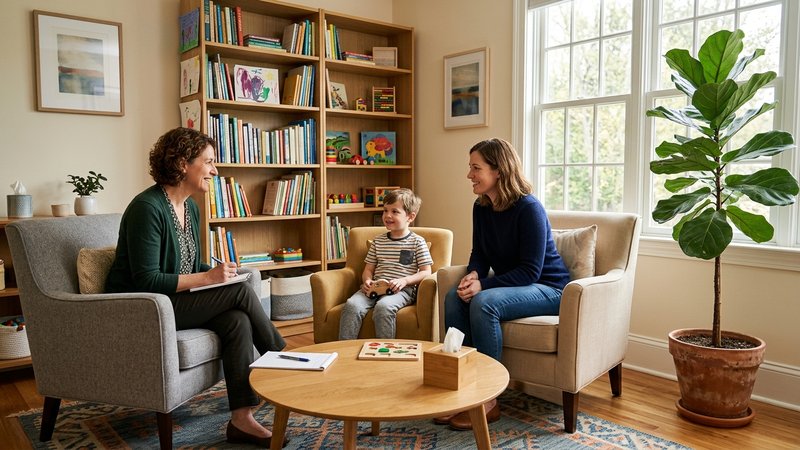 Una consulta de psicología infantil luminosa y acogedora, con una terapeuta sentada frente a unos padres y su hijo, todo