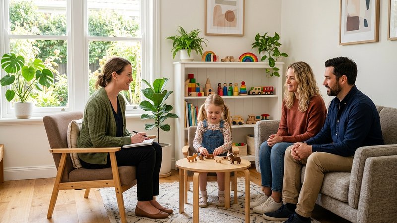 Una consulta de psicología infantil luminosa y acogedora, con una terapeuta sentada frente a unos padres y su hijo peque
