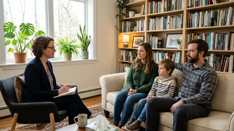 Una consulta de terapia familiar luminosa, con una psicóloga sentada frente a unos padres y su hijo adolescente, todos e