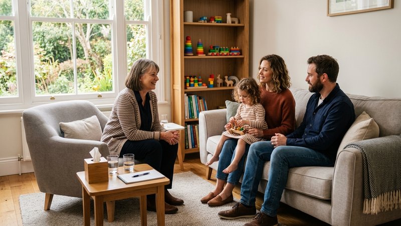 Una consulta de terapia familiar luminosa y acogedora, con una psicóloga sentada frente a una pareja de padres y su hijo