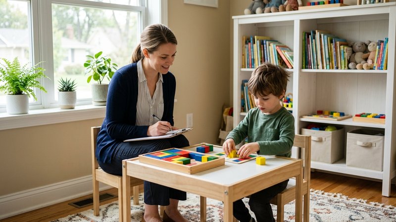 Un despacho de psicología infantil luminoso donde una psicóloga observa a un niño manipulando piezas de un test de bloqu