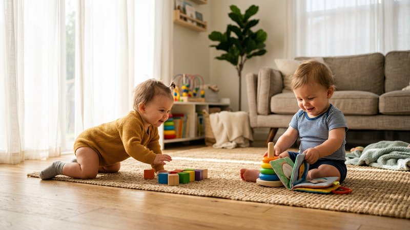 Dos bebés de edades parecidas jugando cada uno a su ritmo en el suelo de un salón luminoso, uno gateando y el otro senta
