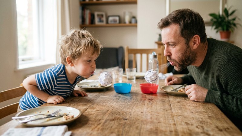 Dos bolitas de papel sobre la mesa del comedor y un niño pequeño soplando la suya hacia una meta improvisada, mientras s