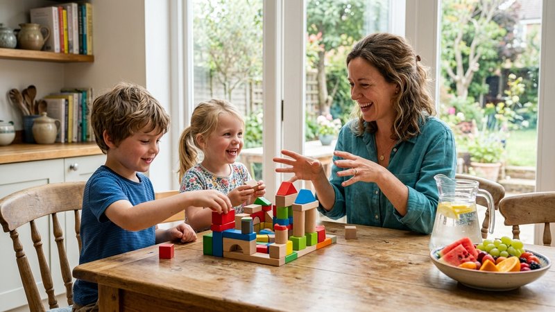 Dos hermanos pequeños jugando en la mesa del comedor con bloques de construcción, mientras la madre, sentada a su lado,