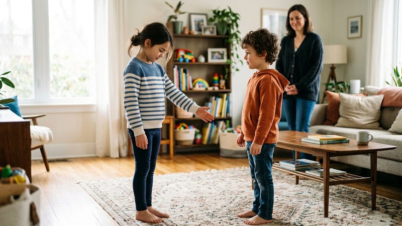 Dos niños pequeños frente a frente en el salón, uno tendiendo la mano al otro con la cabeza ligeramente baja en señal de