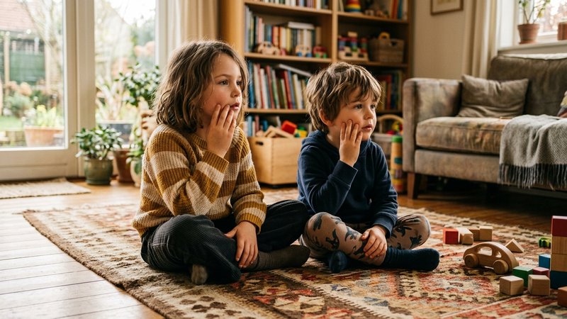 Dos niños sentados juntos en el suelo del salón, uno imitando de forma inconsciente el gesto del otro con las manos cerc