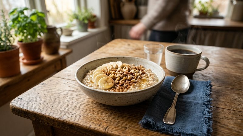 Un cuenco de avena con plátano en rodajas y frutos secos molidos sobre una mesa de cocina de madera