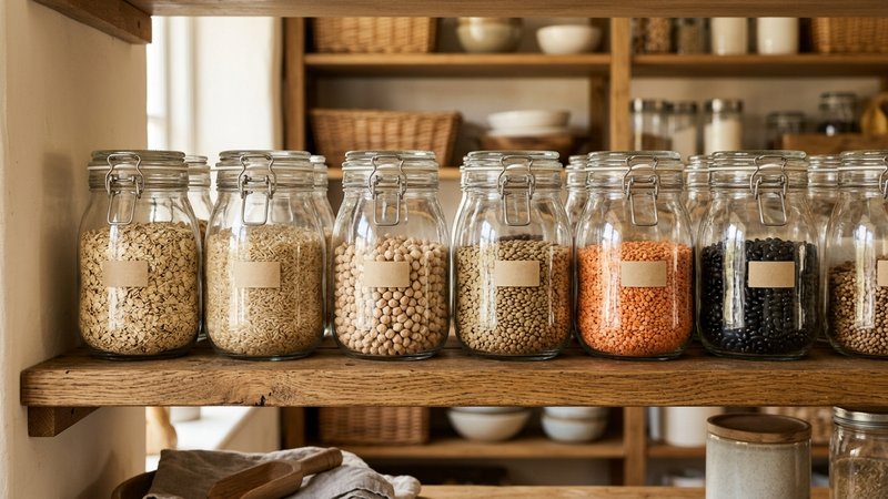 Una despensa casera con botes de cristal llenos de avena, arroz integral y legumbres ordenados en una estantería de coci