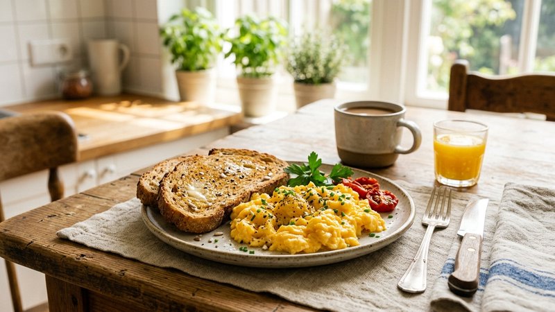 Un plato con huevos revueltos y tostadas integrales servido para el desayuno en una cocina luminosa
