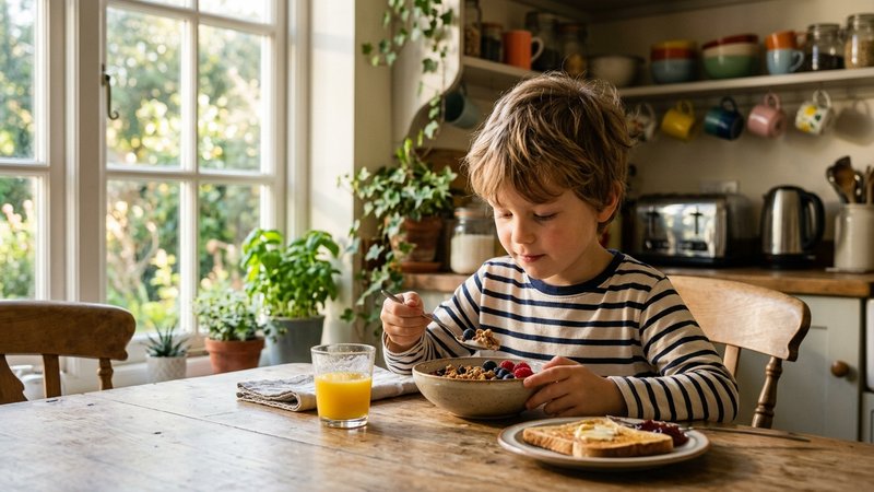 Un niño desayunando tranquilo en la mesa de la cocina por la mañana, luz natural entrando por la ventana