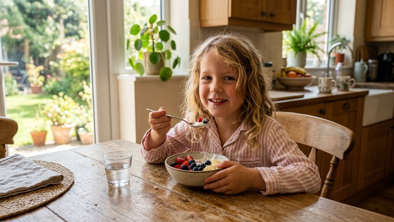 Un niño merendando fruta fresca y un yogur natural en la mesa de la cocina a media tarde