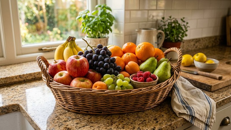 Una cesta de mimbre llena de fruta fresca y variada sobre la encimera de una cocina de hogar