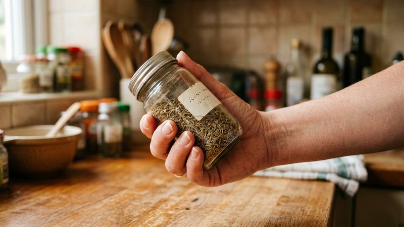 Una mano adulta leyendo con atención la etiqueta de un envase sencillo en la cocina, sin marcas reconocibles