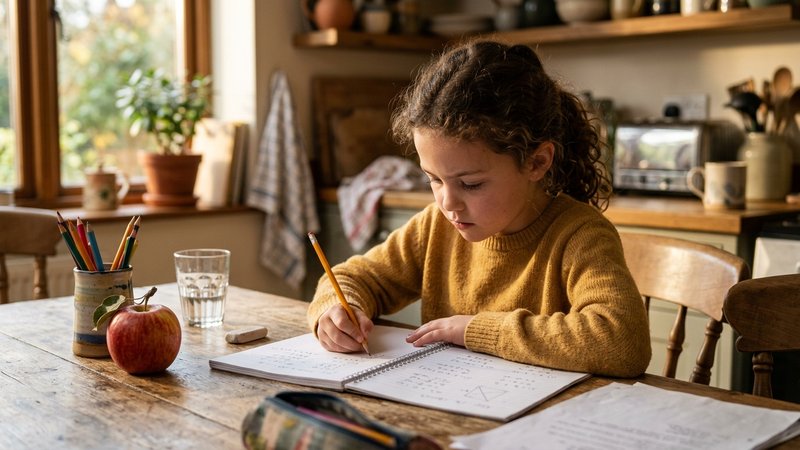 Un niño concentrado haciendo los deberes en la mesa de la cocina con una manzana al lado