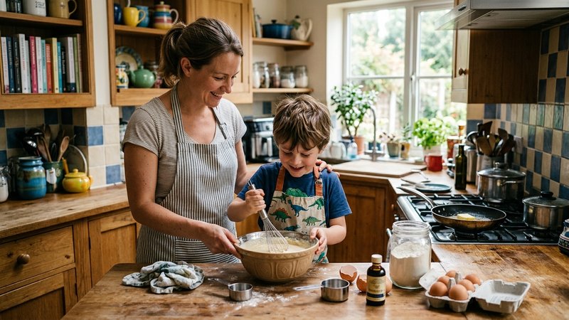 Una madre y su hijo cocinando juntos algo sencillo en una cocina familiar, ambiente cálido y relajado