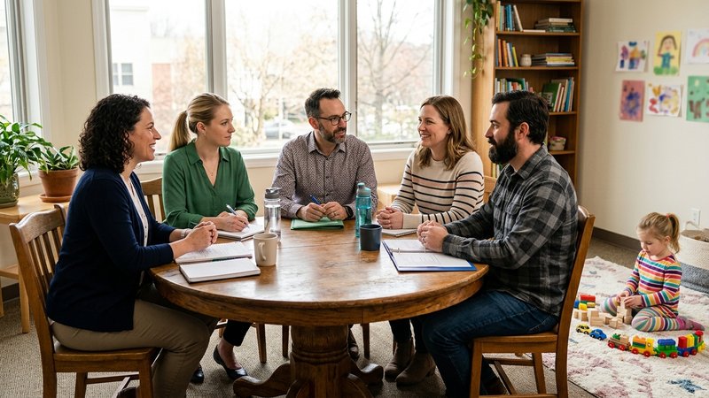 Un equipo de profesionales y una familia sentados alrededor de una mesa redonda en una sala luminosa: una logopeda, una