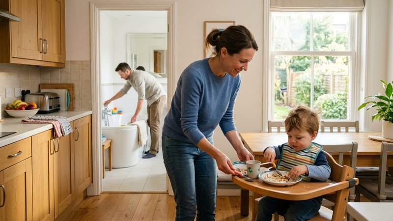 Una escena de rutina familiar: un niño pequeño en su trona terminando de comer mientras la madre recoge el plato y el pa