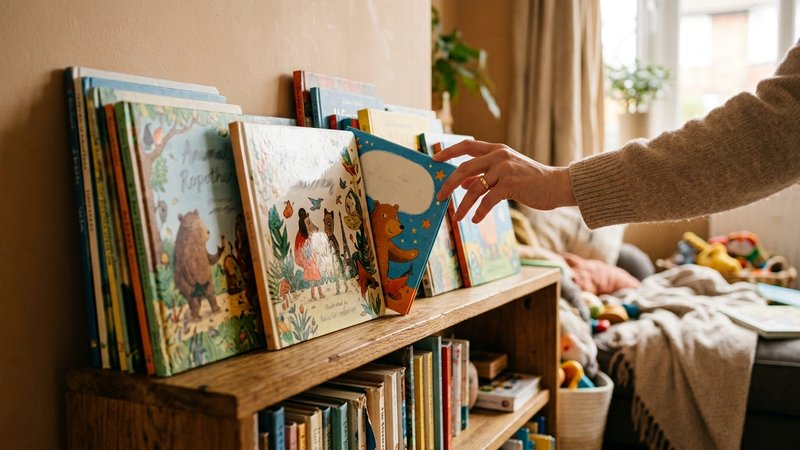 Una estantería baja del salón con varios libros infantiles ilustrados colocados de frente, y la mano de una madre tomand