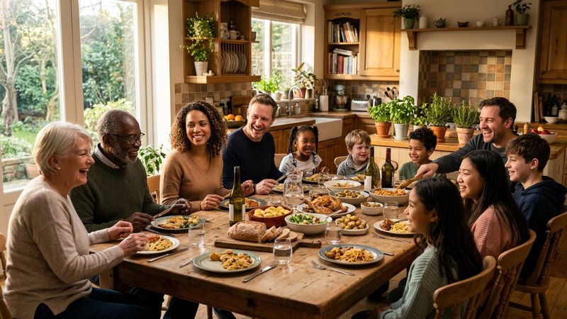 Una familia ensamblada numerosa cenando juntos en una mesa de cocina luminosa, adultos y niños de distintas edades sonri