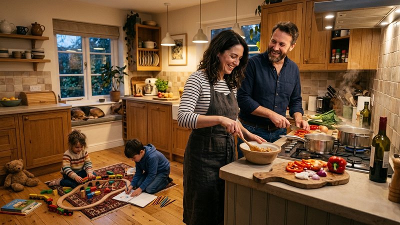Una pareja adulta sonriente preparando la cena en una cocina de hogar mientras dos niños de edades distintas juegan cerc